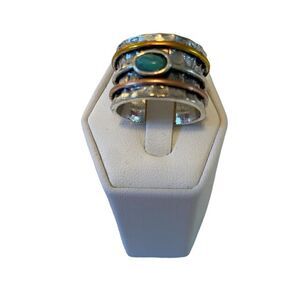 Wide Band Silver Toned Ladies Ring w/ Small Faux Turquoise Center